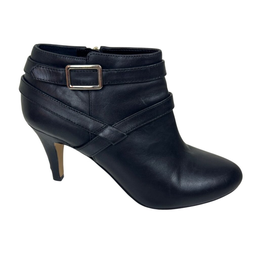 Vince Camuto Ankle Booties Heel Women’s 38 Black Leather Zip Buckle Strap